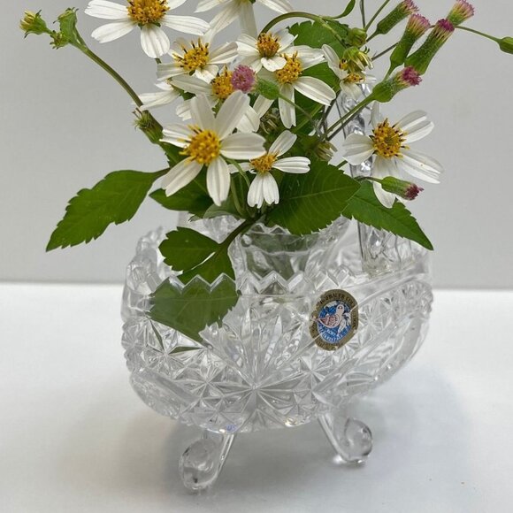 Echt Bleikristall Hand Cut Clear Lead Crystal Footed Basket Bird Collection MCM - Picture 1 of 10